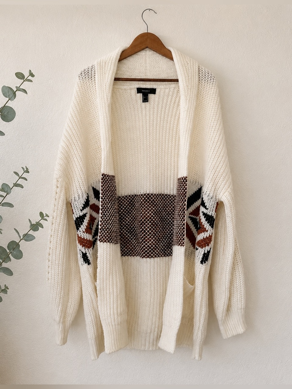 Forever 21 Plus Chunky Knit Aztec Cardigan Cream Brown Black Open Front XL